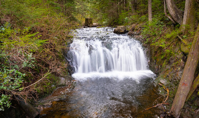 Beautiful mountain rainforest waterfall with fast flowing water and rocks, long exposure.