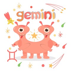 Cute cartoon zodiac monster Gemini. Against the background of cosmic attributes, stars, shooting star, zodiac sign. Great print for kids clothes. Postcard for congratulations.

