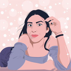 Beautiful illustration of a girl posing for a selfie with a pink background