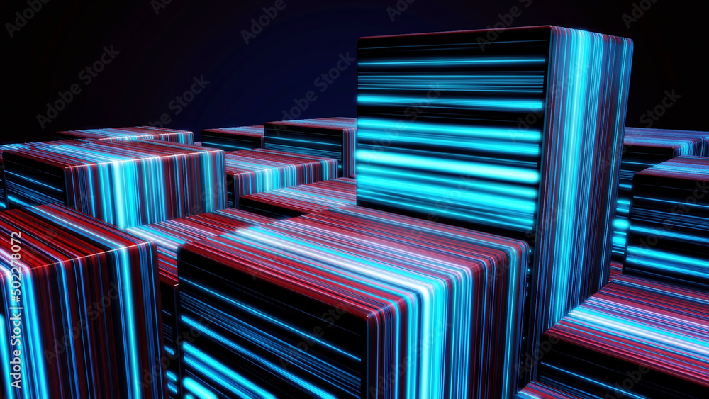 Poster cubes in neon lines. abstract bright neon cubes. abstract animation with moving cubic figures in spa