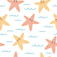 Marine seamless pattern with cute starfish. Undersea childish background. Vector illustration.