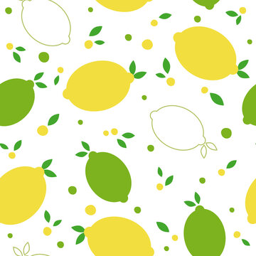 Citrus fruits seamless pattern. Tropical background with lemon and lime. Vector illustration. 