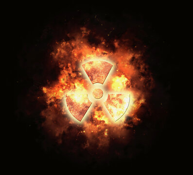 radiation sign on the background of fire and explosion