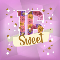 sweet sixteen card for a girl birthday with pink backgroun with poligon effect