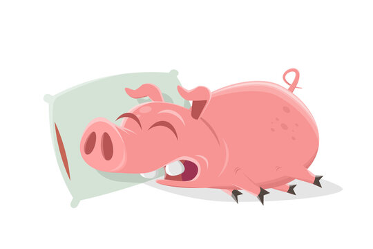 funny illustration of a cartoon pig sleeping on a pillow