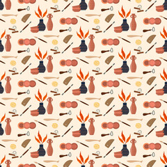 Pattern with pottery tools. Clay products - vases, jugs, plates and salad bowls. Vector illustration. For use in packaging, covers and flyers, prints, craft stores, postcards and invitations.