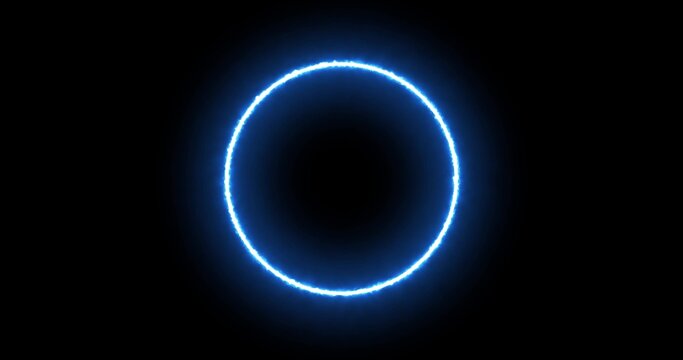 blue neon ring of lightning, energy on a black background. 3d image Abstract energy circle with lightning discharges. Gradually, a blue ring appeared and a constant glow in the circle.