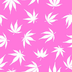 Fototapeta na wymiar Seamless pattern of white cannabis on a pink background.White hemp leaves on a pink background. Marijuana pattern. Weed, Hemp