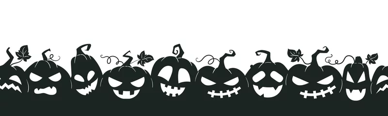 Foto auf Acrylglas Halloween pumpkin characters banner, scary squash lanterns silhouettes. Spooky funny jack-o-lanterns halloween poster vector background illustration. Holiday party banner © GreenSkyStudio