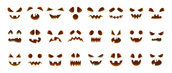 Halloween spooky pumpkin faces collection, ghost eyes and mouths, evil face. Scary pumpkin characters muzzle vector symbols illustrations set. Horror halloween jack-o-lantern faces © GreenSkyStudio