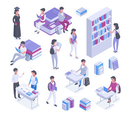 Isometric high school, college studying, teenage students characters. Pupils at school library and study classroom lesson vector illustrations set. University educational 3d collection