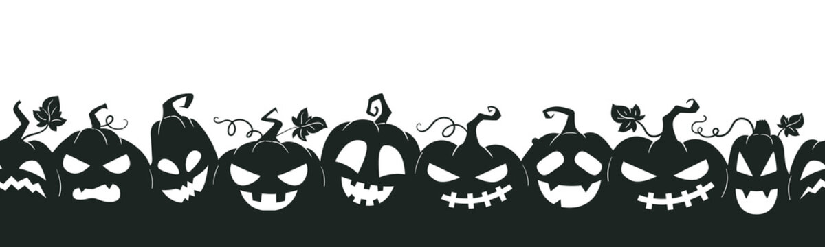 Halloween pumpkin characters banner, scary squash lanterns silhouettes. Spooky funny jack-o-lanterns halloween poster vector background illustration. Holiday party banner