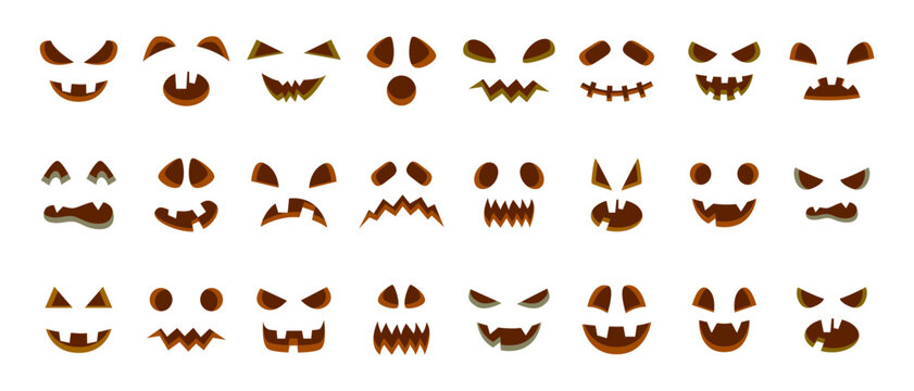 Halloween spooky pumpkin faces collection, ghost eyes and mouths, evil face. Scary pumpkin characters muzzle vector symbols illustrations set. Horror halloween jack-o-lantern faces