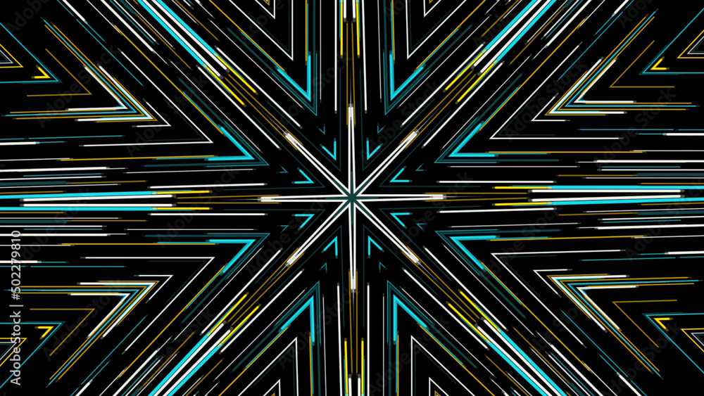 Poster hypnotic abstract kaleidoscope with moving neon rows of lines changing their color. animation. live 