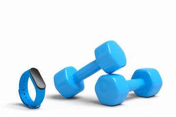 Isometric view of sport equipment like smart watches and dumbbell on white
