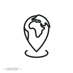 world pin on map, global geo location icon, marker local international, thin line symbol on white background - editable stroke vector illustration