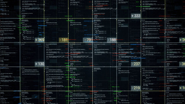 Blocks of abstract program code flowing and changing on black background. Animation. Data flowing on the screen of a computer or laptop, IT, software development and hacking concept.