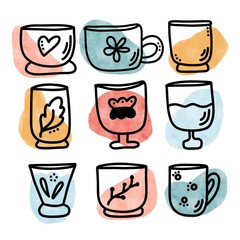 Set of 9 mugsa nd cups, watercolor. Doodle style