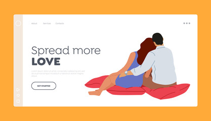 Romance or Love Landing Page Template. Loving Couple Hugging Sitting on Plaid Back View, Man and Woman Embracing
