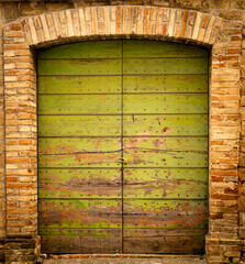Old wooden door on a brick wall