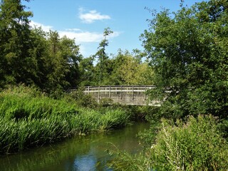 A view of the river, numerous green areas and a wooden footbridge