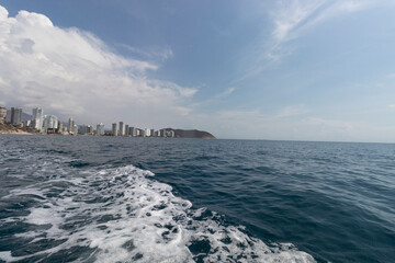 Stunning view of Colombian Santa Marta city shore from a boat in sunny day
