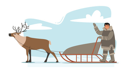 Eskimo Male Character Riding Reindeer Sleigh with Happy Face. Life in Far North Concept, Inuit in Traditional Clothes © Anna Syvak