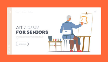 Art Classes for Seniors Landing Page Template. Old Male Painter Character Hold Paintbrush in Hand Drawing with Paints