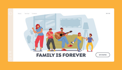 Family Rejoice, Home Party Landing Page Template. Parents and Kids Characters Dance, Father Playing Guitar