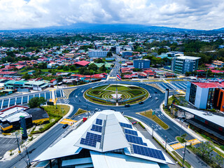 Beautiful aerial view of the new Flag roundabout in Costa Rica, Rotonda de la bandera, un San José