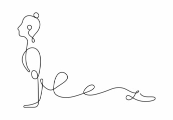 Yoga pose vector in continuous line art, hand drawing style on the white background. Yoga girl minimalism sport illustration.