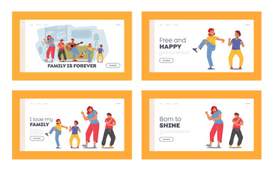 Family Rejoice, Home Party Landing Page Template Set. Parents and Kids Characters Dance, Father Playing Guitar