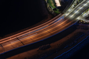 Luftaufnahme, Dubai, Autobahn, Meer, Brücke, Nachtlichter, Langzeitbelichtung, Hauptstraße