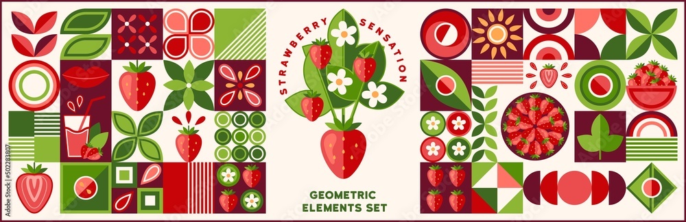 Poster bundle of design elements, logo with strawberry in simple geometric style. abstract shapes. good for