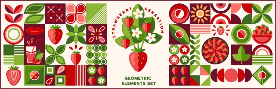 Bundle of design elements, logo with strawberry in simple geometric style. Abstract shapes. Good for branding, decoration of food package, cover design, decorative print, background.