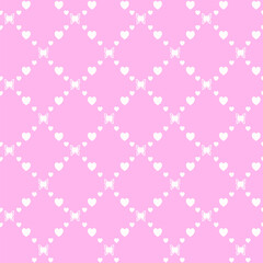Fototapeta premium Netting abstract seamless pattern with butterflys and hearts. Cute grid Y2K background. Nostalgic 2000s vector print. Retro girly lattice backdrop 1990s style