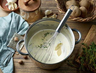 pot with hot mixed milk cream and herbs