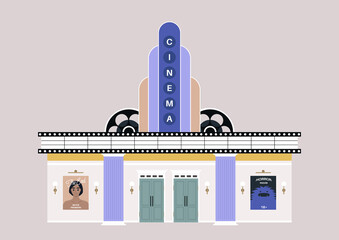 An old school cinema building entrance, movie posters and lights
