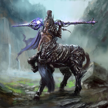 A centaur warrior in steel armor holds a magical pike in his hand, he is missing one eye, behind him is a waterfall. Digital drawing style, 2D Illustration