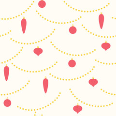 Christmas tree decorations vector illustration. Happy New Year cute cartoon seamless pattern. Vintage garlands and christmas balls background.