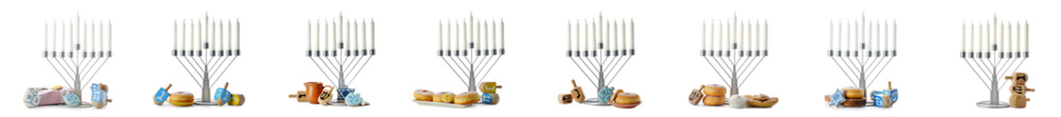 Set of menorah with dreidels, donuts and cookies for Hanukkah celebration on white background