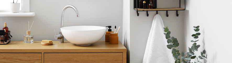 Beautiful interior of modern bathroom with sink. Banner for design