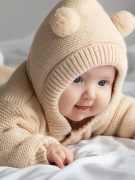 Just beautiful. Cute smiling baby. Cute 3 month old Baby girl infant on a bed on her belly with head up looking with her big eyes. Warm, fluffy biege clothes. Closeup. Three months old baby