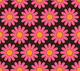 Cute cartoon groovy seamless pattern. 70s retro nostalgic textile design. Vintage geometric flowers 60s hippie style background. Floral checkerboard grid funny print.