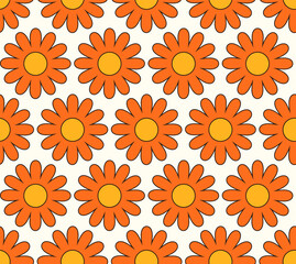 Cute cartoon groovy seamless pattern. 70s retro nostalgic textile design. Vintage geometric flowers 60s hippie style background. Floral checkerboard grid funny print.