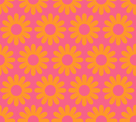 Fototapeta na wymiar Cute cartoon groovy seamless pattern. 70s retro nostalgic textile design. Vintage geometric flowers 60s hippie style background. Floral checkerboard grid funny print.