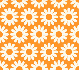 Cute cartoon groovy seamless pattern. 70s retro nostalgic textile design. Vintage geometric flowers 60s hippie style background. Floral checkerboard grid funny print.
