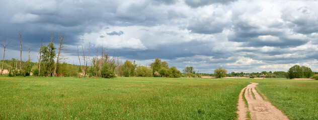 Path through fields with dramatic sky. Barley fields in Spring, Panoramic composition in light...