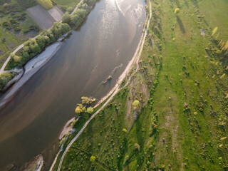 Aerial Sunset view of Struma river passing, Bulgaria