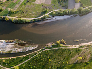 Aerial Sunset view of Struma river passing, Bulgaria
